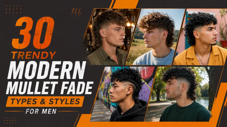 Alt text: 30 trendy modern mullet fade types and styles for men displayed in a bold orange and dark collage featuring five different textured mullet fade hairstyles.