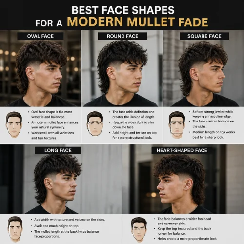 Best face shapes for a Modern Mullet Fade, featuring realistic male models with oval, round, square, long, and heart-shaped faces, with hairstyle recommendations for each face shape.