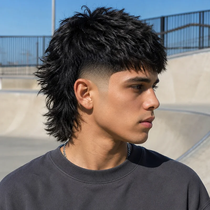 Men's choppy mullet haircut with textured top and clean taper fade