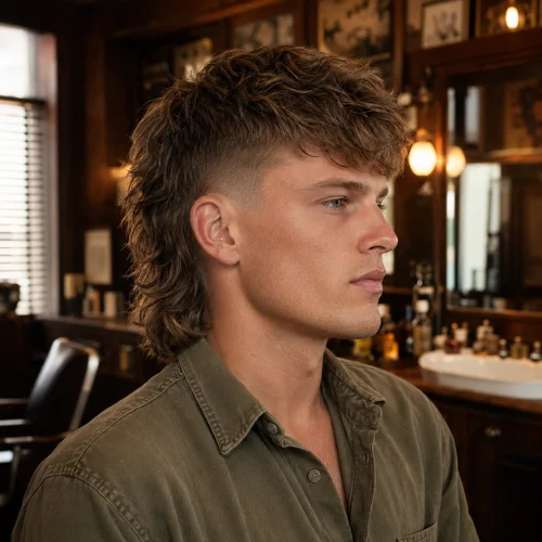 Photorealistic young Australian man with a classic modern mullet fade, textured medium-length top, faded sides, and longer layered back, wearing an olive vintage-style shirt in a warm retro wooden barber shop.