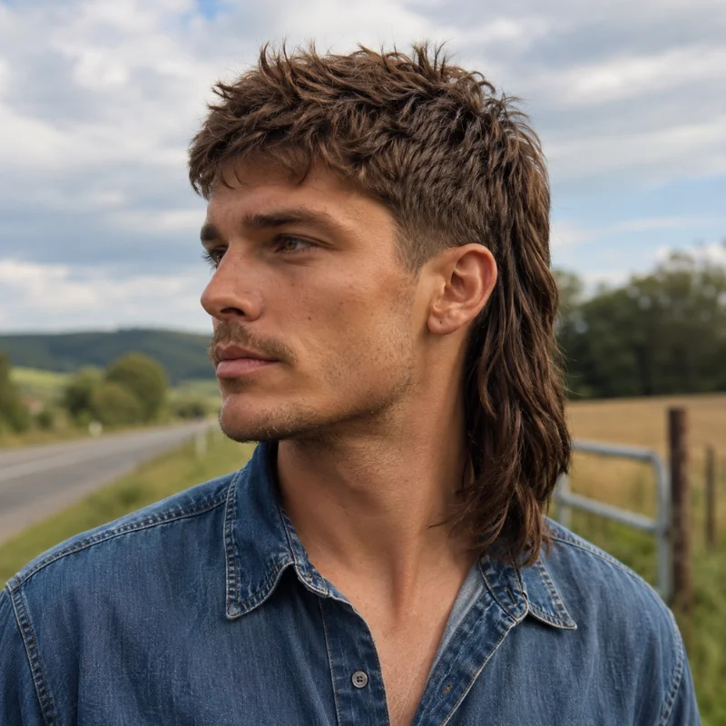 Classic men's mullet haircut with short textured top and long layered back