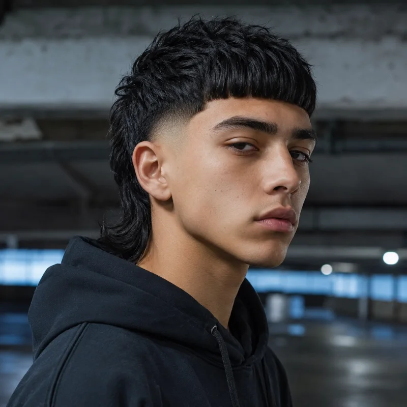 Edgar mullet haircut with blunt fringe, faded sides and textured back