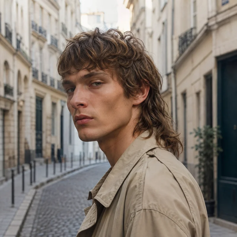 European style mullet haircut with tousled layers and longer hair at the back