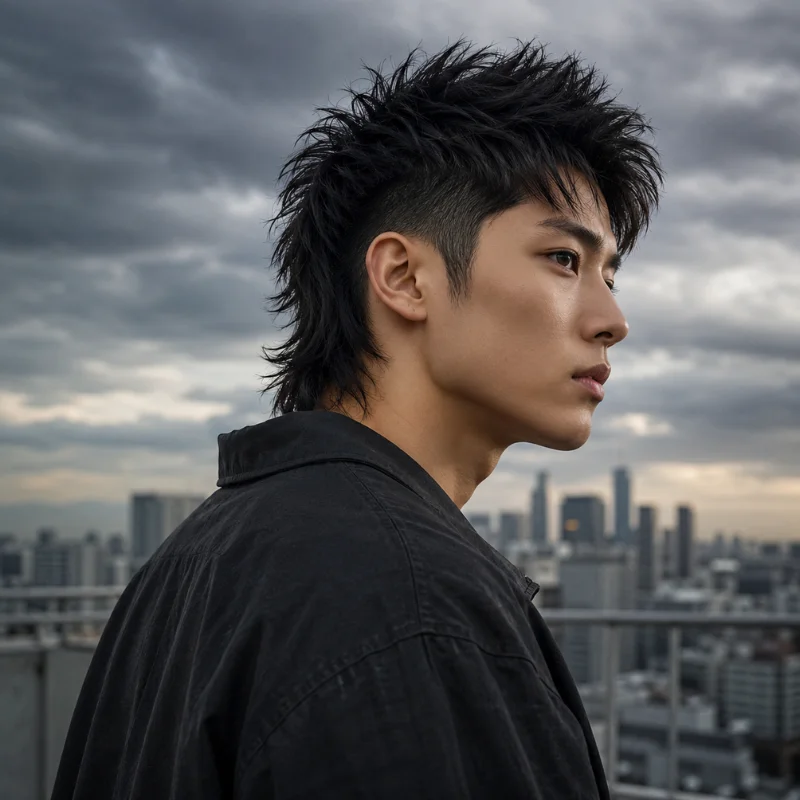 Men's faux hawk mullet with spiky textured top and tapered sides
