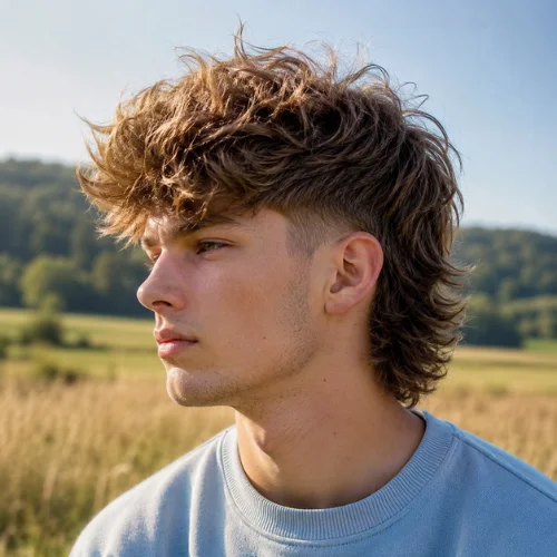 Realistic young man with thick fluffy dark blond hair wearing a pale blue sweatshirt, showcasing a fluffy modern mullet fade with voluminous texture, faded sides, and a layered back in a sunlit countryside setting.