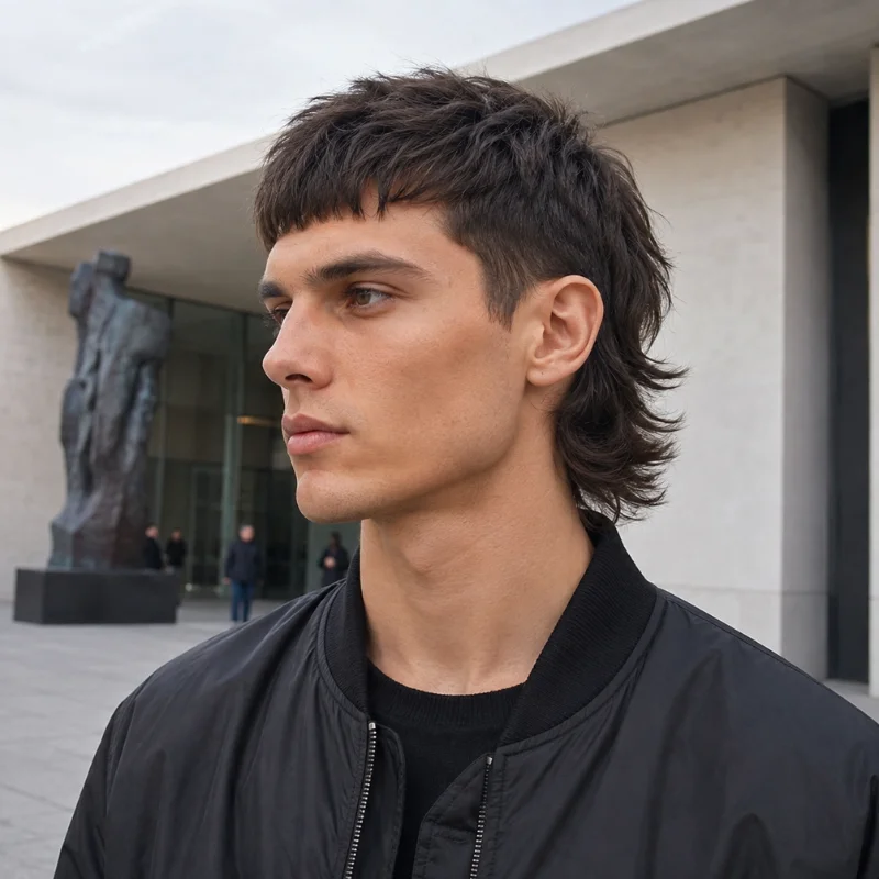 French crop modern mullet with short fringe and layered longer back