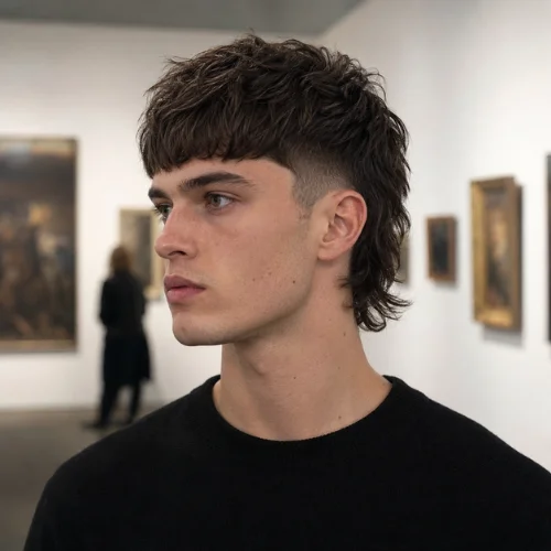 Realistic young French man with a Fringe Modern Mullet Fade, featuring a textured fringe, faded sides, and longer layered back, wearing a black crewneck sweater in a modern art gallery.