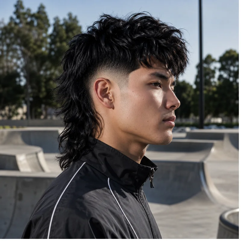 Modern mullet haircut with high taper fade and thick textured top