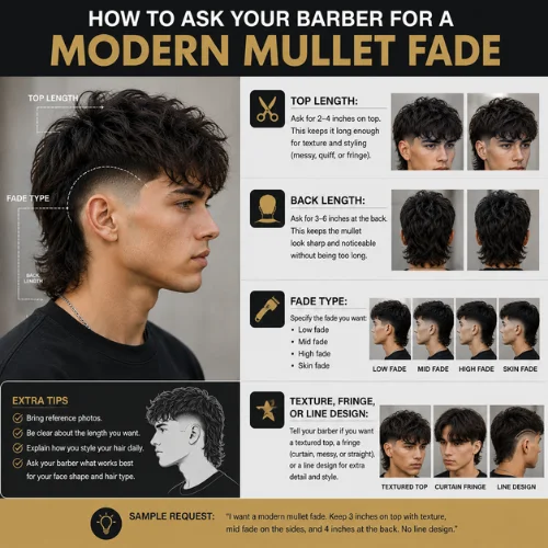 How to ask your barber for a Modern Mullet Fade, showing top length, back length, fade type, texture or fringe options, line designs, and a sample barber request.