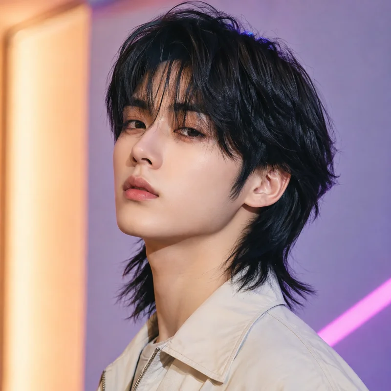 K-pop inspired mullet hairstyle with curtain bangs and layered black hair
