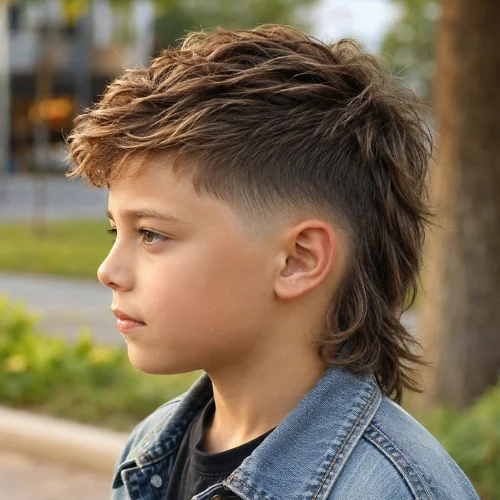 Kids mullet fade haircut with clean faded sides and longer back