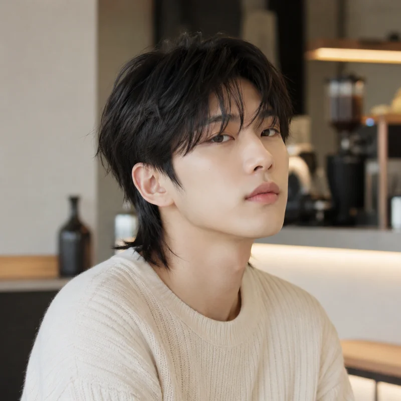 Korean modern mullet hairstyle with middle part and soft layered hair