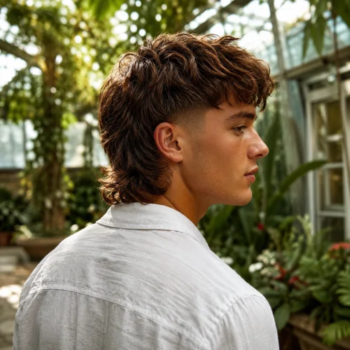 A young man with dark auburn layered mullet hair wearing a white linen shirt, photographed in profile inside a lush botanical greenhouse with soft natural sunlight and blurred greenery in the background.