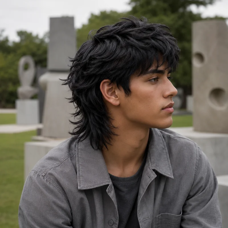 Layered modern mullet haircut with tousled top and feathered longer back