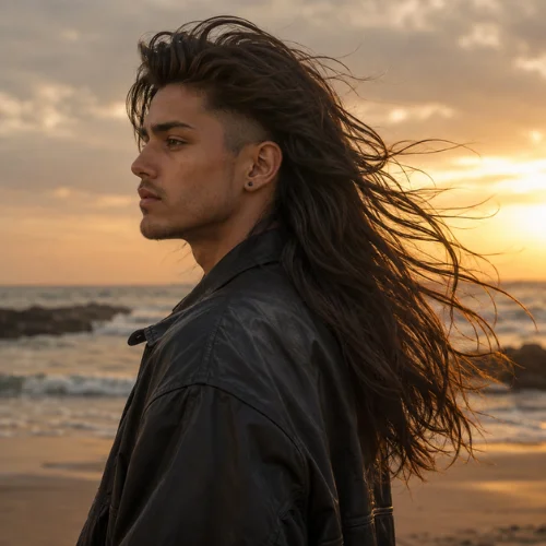 Young man with long dark brown modern mullet fade and black leather jacket standing on a windswept beach at golden hour, with flowing hair illuminated by the sunset.
