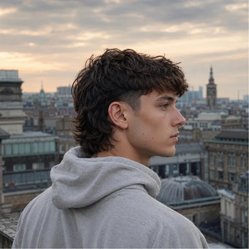 Modern mullet with low taper, textured top and longer hair at the nape