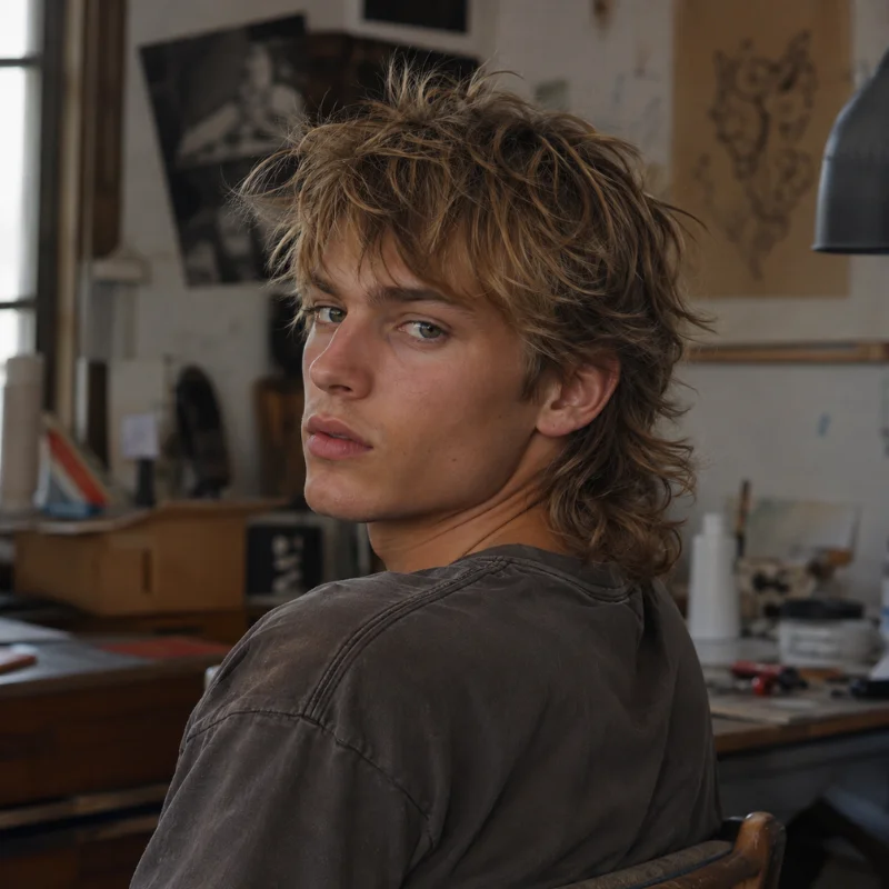 Messy modern mullet haircut with tousled layers and textured fringe