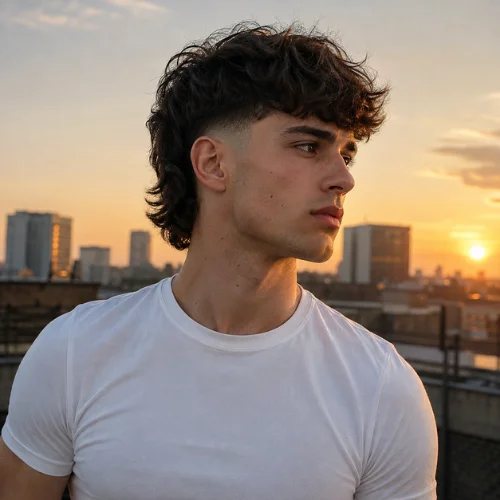 Photorealistic young man with thick dark brown hair wearing a fitted white T-shirt, showcasing a mid fade modern mullet with textured crown and longer back, standing on a city rooftop at sunset with cinematic golden-hour lighting.