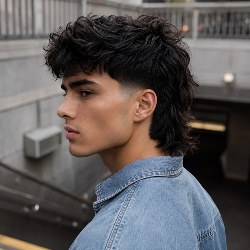 Modern mullet haircut with mid taper fade and thick wavy textured top