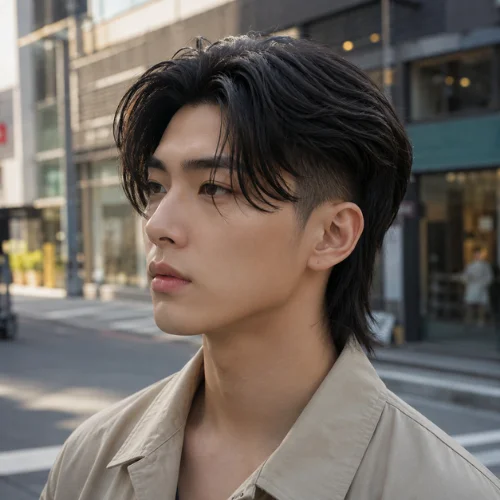 Young Korean man with a middle-part modern mullet fade, wearing a beige jacket on a Seoul-style street.