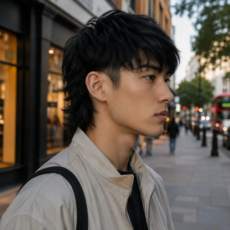 Asian modern mullet hairstyle with soft fringe and layered black hair