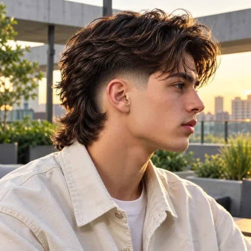 Young man showcasing a modern mullet burst fade with a clean burst fade around the ears, textured crown, and longer layered back on a rooftop garden at golden hour.