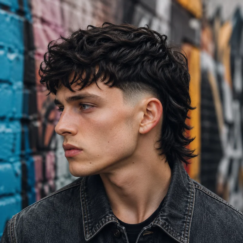Modern mullet with burst fade, curly textured top and longer back