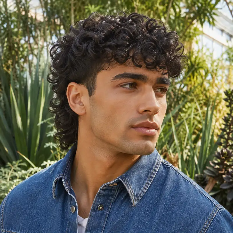 Curly modern mullet hairstyle with defined curls and layered back
