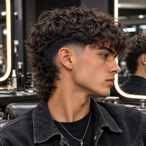 Modern Mullet Drop Fade with dark curly hair, featuring a curved fade that drops behind the ears into a longer textured mullet back, photographed in a dark modern barbershop.