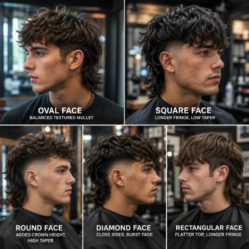 Five-panel modern mullet haircut collage showing male models with oval, square, round, diamond, and rectangular face shapes, each featuring a tailored mullet style and fade.