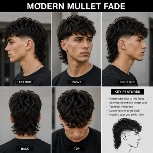 Modern Mullet Fade haircut shown in a realistic multi-angle collage, featuring front, left-side, right-side, back, and top views of a young male model with textured dark hair, faded sides, a longer layered mullet back, and a modern edgy finish.