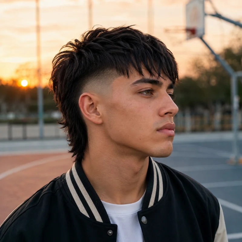 Modern mullet with fade, short textured fringe and longer hair at the back