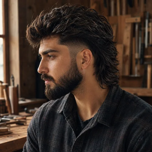 Young man with dark brown hair and a full beard wearing a charcoal flannel shirt, showcasing a modern mullet fade with beard in a rustic wooden workshop with warm natural light.