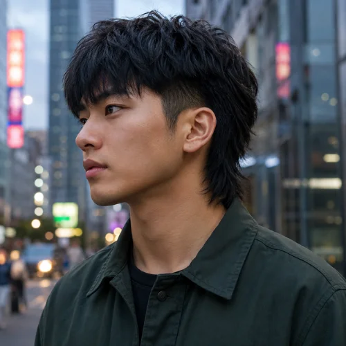 Photorealistic young East Asian man with a textured modern mullet fade, tapered sides and layered longer back, wearing a dark green overshirt on a neon-lit city street at dusk.