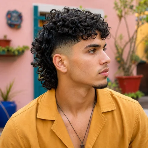 Young man with tight dark curls wearing a mustard shirt, featuring a modern curly mullet fade in a colorful outdoor courtyard.
