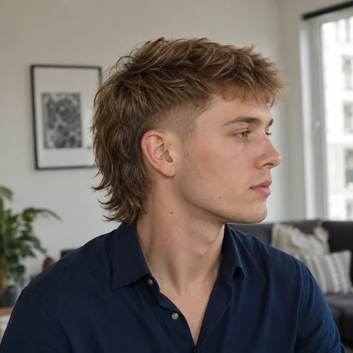 Young man with fine light brown hair wearing a navy shirt, styled in a modern mullet fade with textured layers and a feathered longer back.
