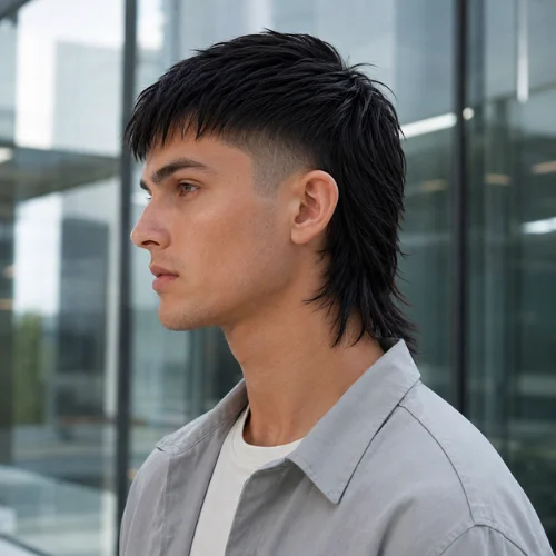 Photorealistic young European man with straight black hair styled in a modern mullet fade, wearing a light gray overshirt in a contemporary glass office building.