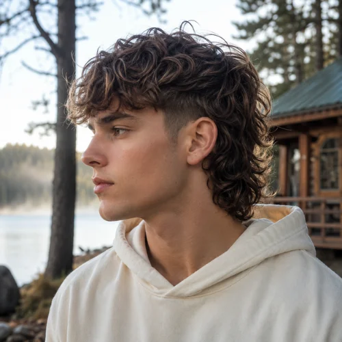 Modern mullet fade for wavy hair on a young man with brown waves, photographed by a lakeside cabin.