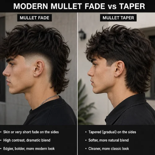 Modern Mullet Fade vs Taper hairstyle comparison featuring two realistic male models, showing a bold mullet fade with short faded sides versus a softer mullet taper with a natural gradual blend.