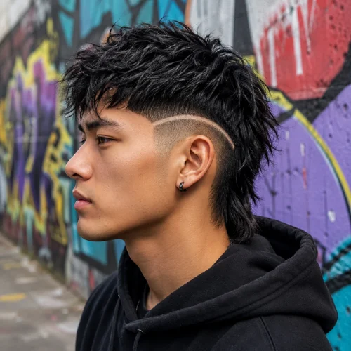 Alt text: Young man with black textured hair wearing a black hoodie, showcasing a modern mullet fade with a precise shaved line design, photographed against colorful urban graffiti.
