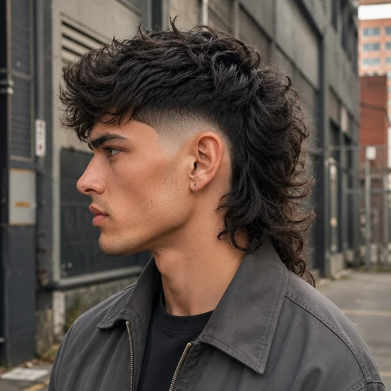 Modern mullet fade haircut with curly textured top and long layered back