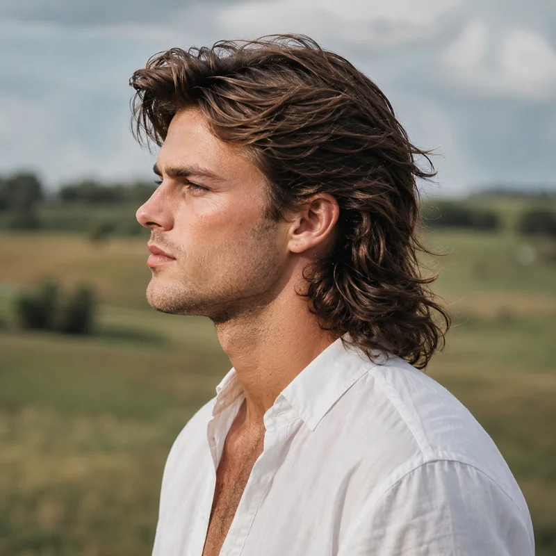 Modern mullet flow hairstyle with swept back layers and natural volume