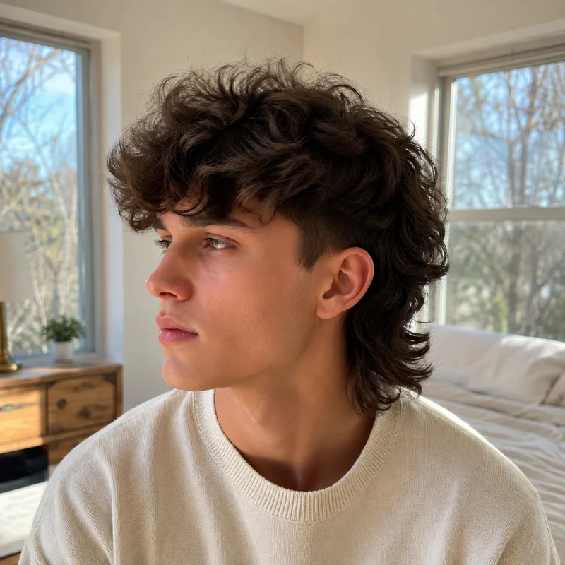 Fluffy modern mullet haircut with voluminous top and soft textured layers