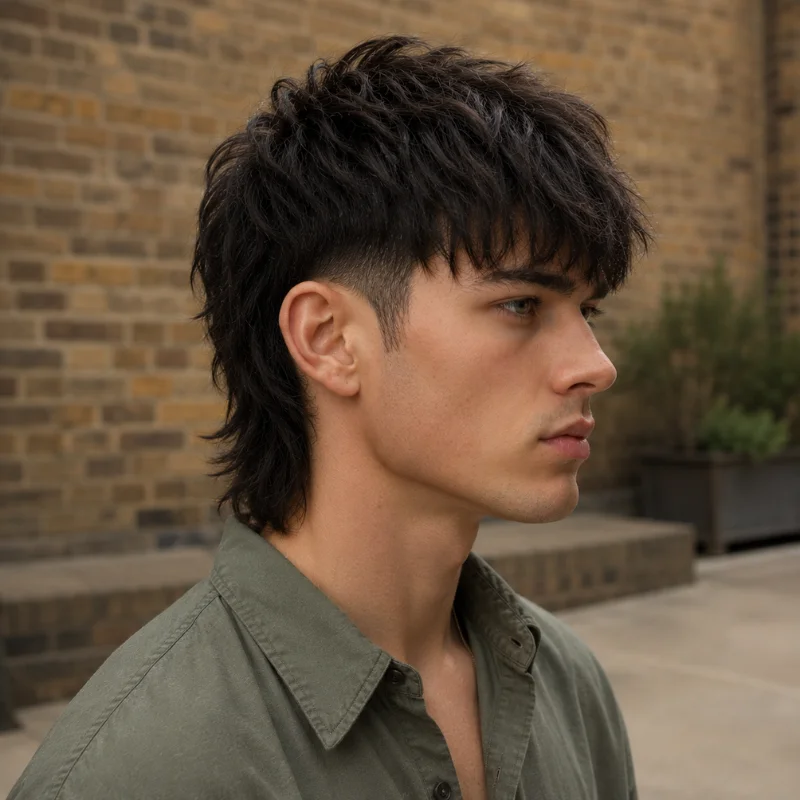 Modern mullet with textured fringe, short sides and longer layered back