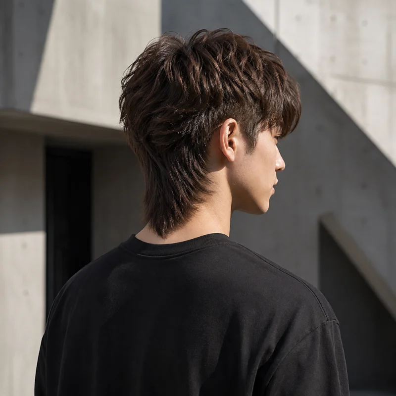 Men's modern mullet haircut with textured layers and V-shaped back