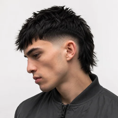 Young European man with jet-black hair wearing a charcoal bomber jacket, showcasing a modern mullet high fade with tightly faded sides, textured top, and longer back, photographed in a white studio.