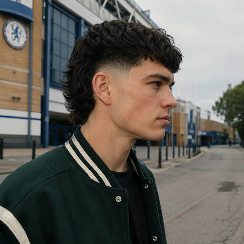 Modern mullet with low fade, curly top and textured longer back