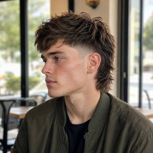 Modern Mullet Shadow Fade on a young man with textured brown hair in a minimalist café.