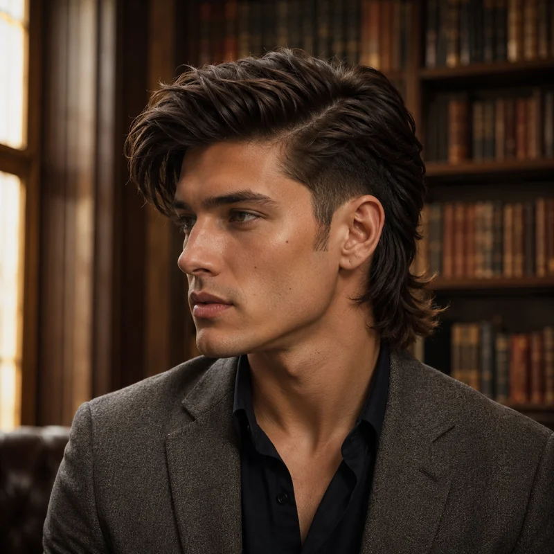 Modern mullet with side part, swept volume and neatly layered back