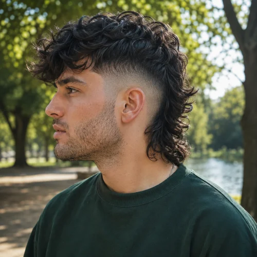 Young man with dark wavy hair wearing a forest-green sweatshirt, featuring a modern mullet skin fade with shaved sides and a longer textured back, photographed in a sunlit leafy park.